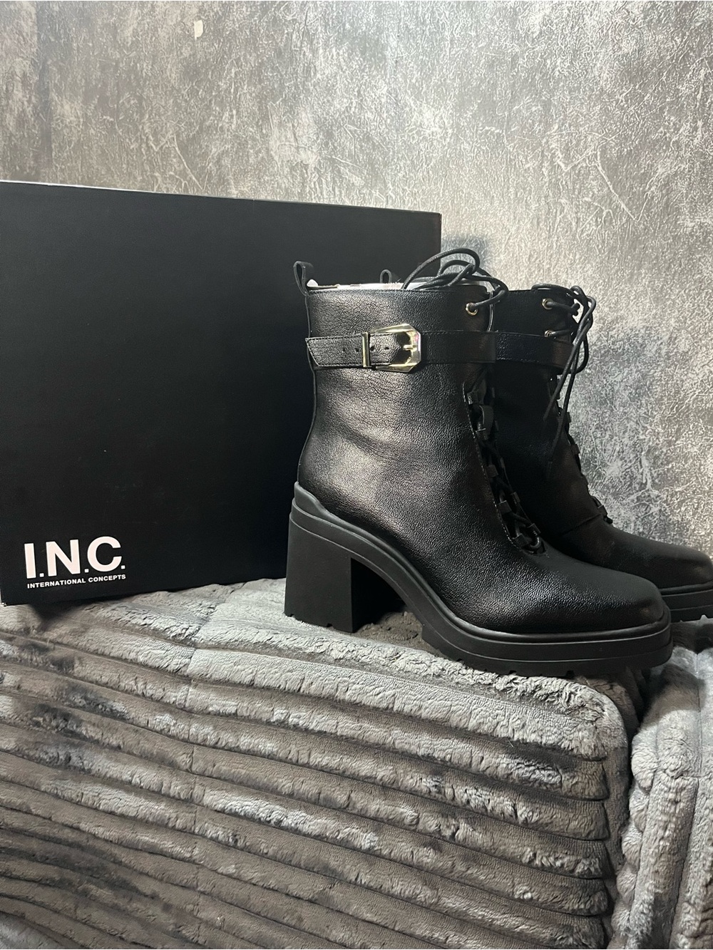 INC International Concepts Women's Black Lace-Up Chunky Heel Ankle Boots